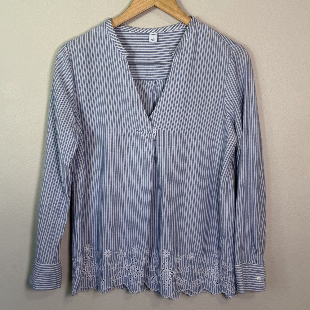 Old Navy Womens S Blue Striped Tunic Top Eyelet Scalloped Hem Cottagecore